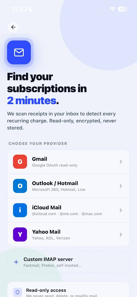 Connect screen — choose Gmail, Outlook, iCloud, Yahoo or IMAP