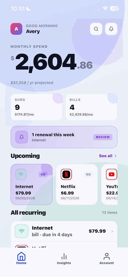 BeforeItBills home screen showing monthly spend and upcoming renewals