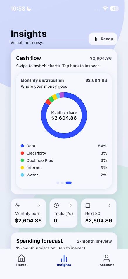Insights tab with cash flow and spending charts