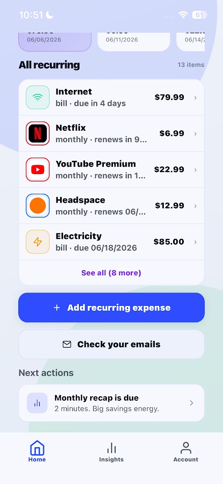 Recurring list — every bill and subscription sorted by due date